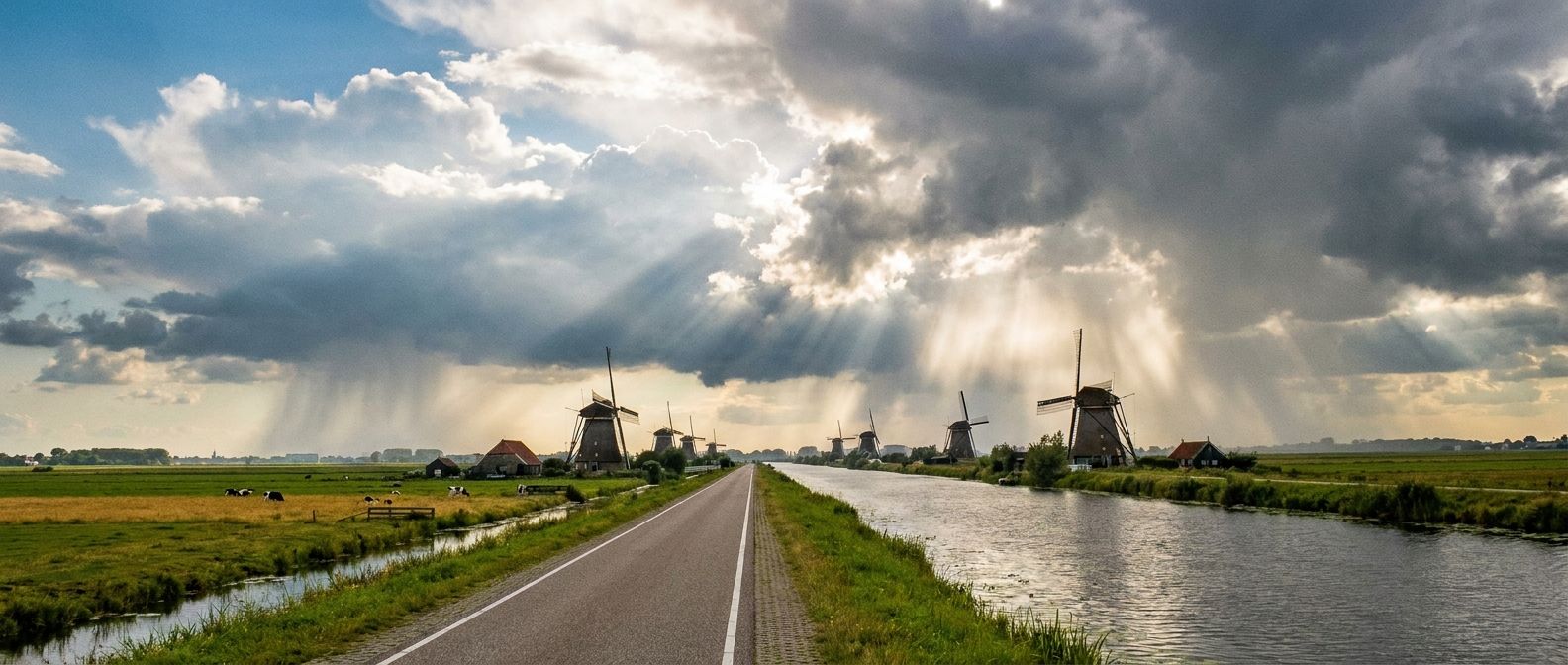 A wide-angle landscape photograph of a classic Dutch polder, with a long, straight road or canal leading towards a distant, slightly hazy horizon. The sky above is a dramatic tapestry of bright sunlight breaking through dynamic clouds, hinting at an unfolding future and changing weather patterns.