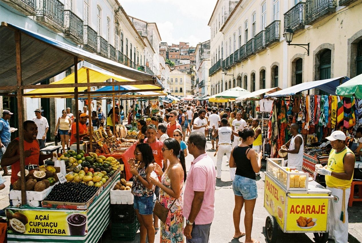 A wide, sun-drenched photograph of a bustling Brazilian street market (feira livre), with vendors and many people browsing colorful stalls overflowing with exotic fruits, vibrant textiles, and handcrafted goods, conveying a sense of abundant quantity and lively commerce. The scene is full of life and rich in Brazilian culture, composed for a 3:2 landscape frame.