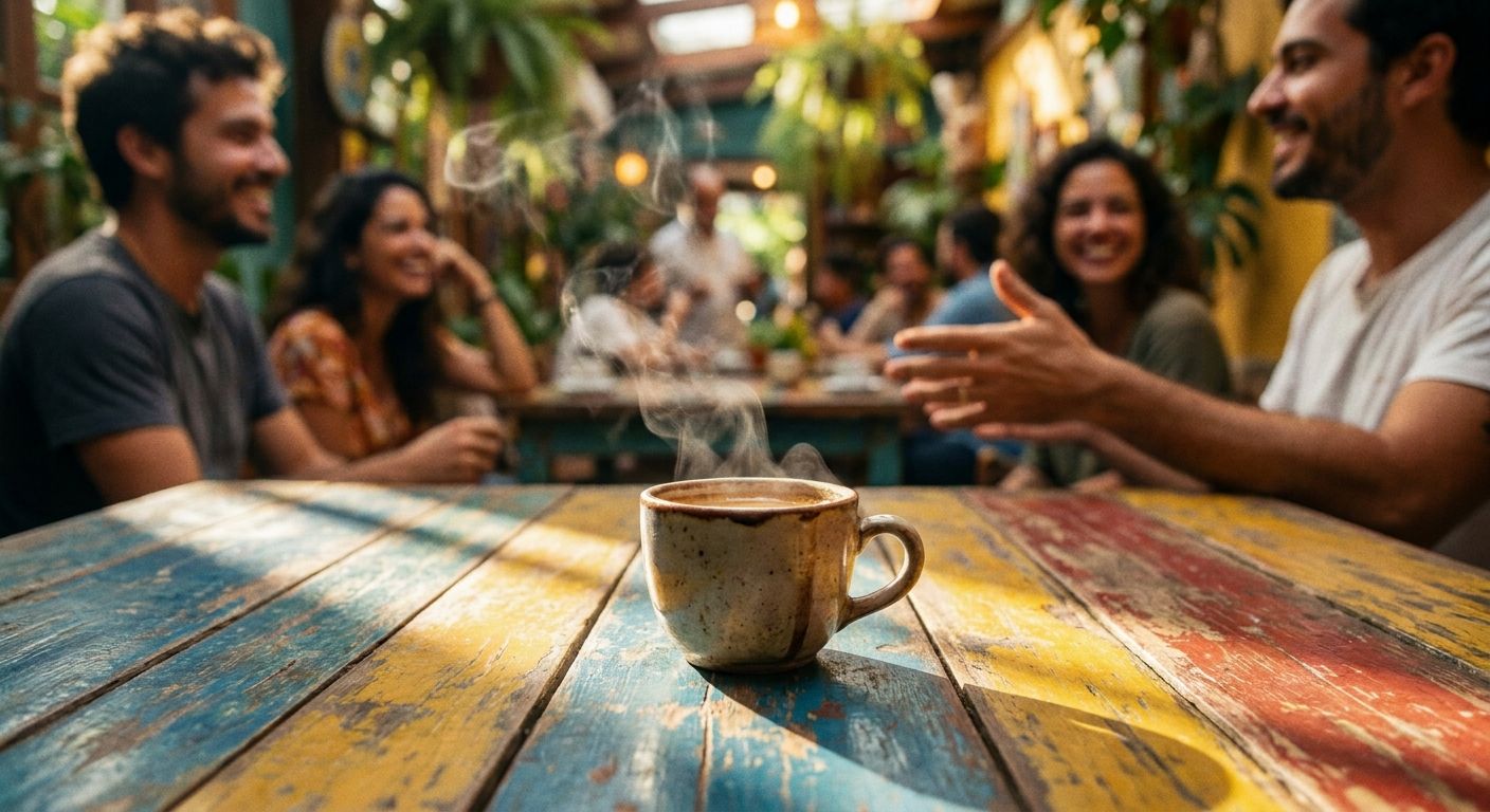 A beautiful close-up photograph of a small, steaming cup of *cafezinho* on a worn, colorful wooden table in a sunlit Brazilian cafe. The background is softly blurred, showing hints of lively chatter and a warm, inviting atmosphere, emphasizing the concept of small, endearing moments and friendly politeness.