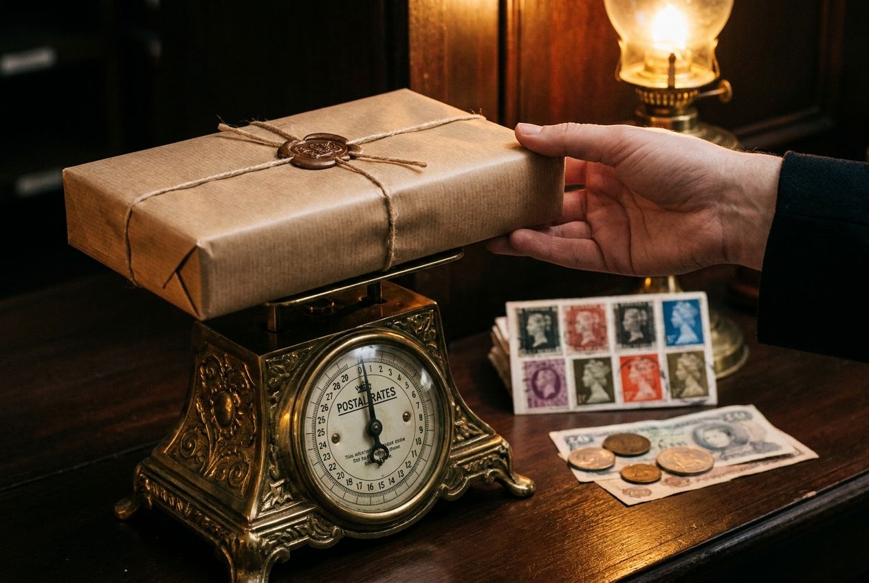 A dramatic close-up photograph captures a hand gently placing a neatly wrapped parcel onto a vintage brass postal scale. The scene is set inside a classic British post office, with soft, warm light highlighting a stack of British stamps and a subtle hint of foreign currency on the counter in the background, all composed for a 3:2 landscape frame.