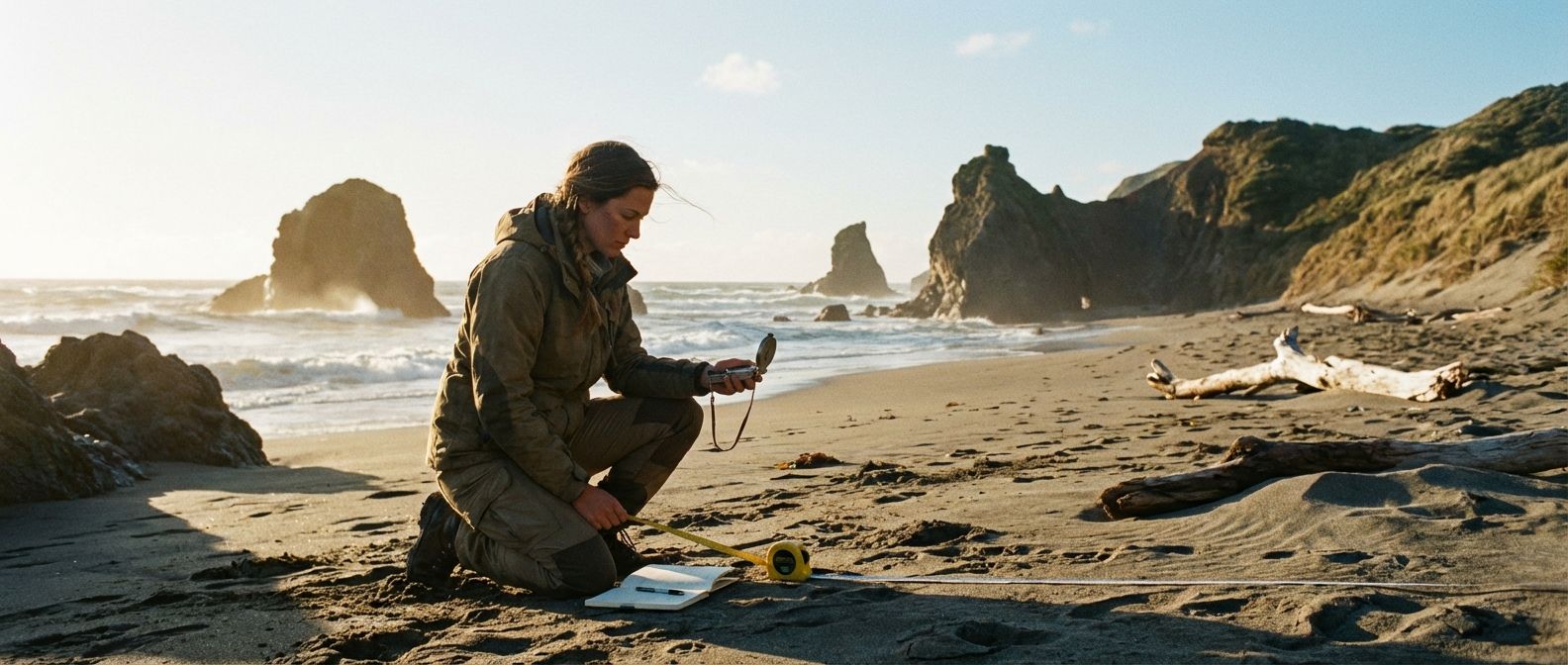 A wide, cinematic photograph of a lone geographer meticulously taking measurements with simple field equipment on a dramatic, windswept beach at golden hour. The scene emphasizes the act of precise data collection within a vast, varied natural landscape, hinting at the analysis of patterns and variability.
