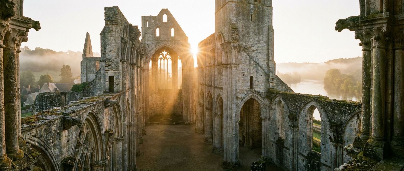 A dramatic, wide-angle photograph of the majestic ruins of a medieval French abbey or castle. The weathered stone arches and crumbling walls are bathed in the soft, golden light of dawn, evoking a sense of both ancient history and former grandeur, with intricate architectural details in the foreground.