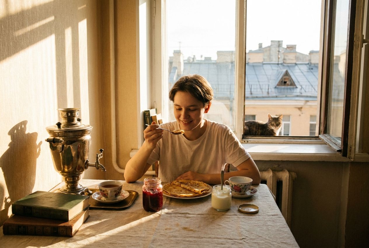 A candid, art-directed photograph of a young person enjoying a quiet Russian breakfast of blini and tea by a sun-drenched window in a cozy Moscow apartment, soft morning light casting warm shadows across the table, composed for a 3:2 landscape frame.