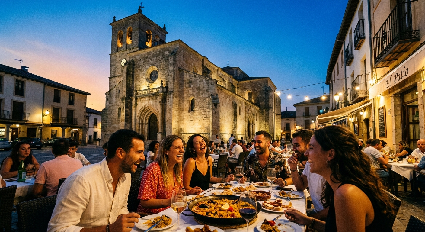 A picturesque, high-contrast photograph of a Spanish town square at dusk. A centuries-old church stands prominently and immovably in the background, while in the foreground, a group of friends are laughing and sharing plates of delicious Spanish food at a lively outdoor restaurant.