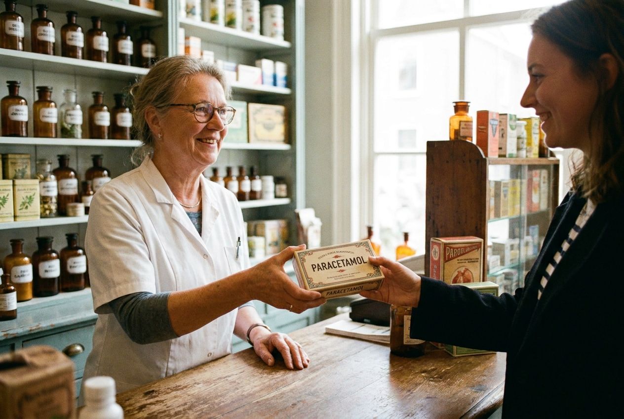 A warm, inviting photograph inside a traditional Dutch 'drogist' or pharmacy, where a friendly Dutch pharmacist, smiling, hands a small, distinctively packaged box of paracetamol to a customer across a wooden counter. The background shows blurred shelves filled with various over-the-counter remedies, bathed in soft, natural light, composed for a 3:2 landscape frame.