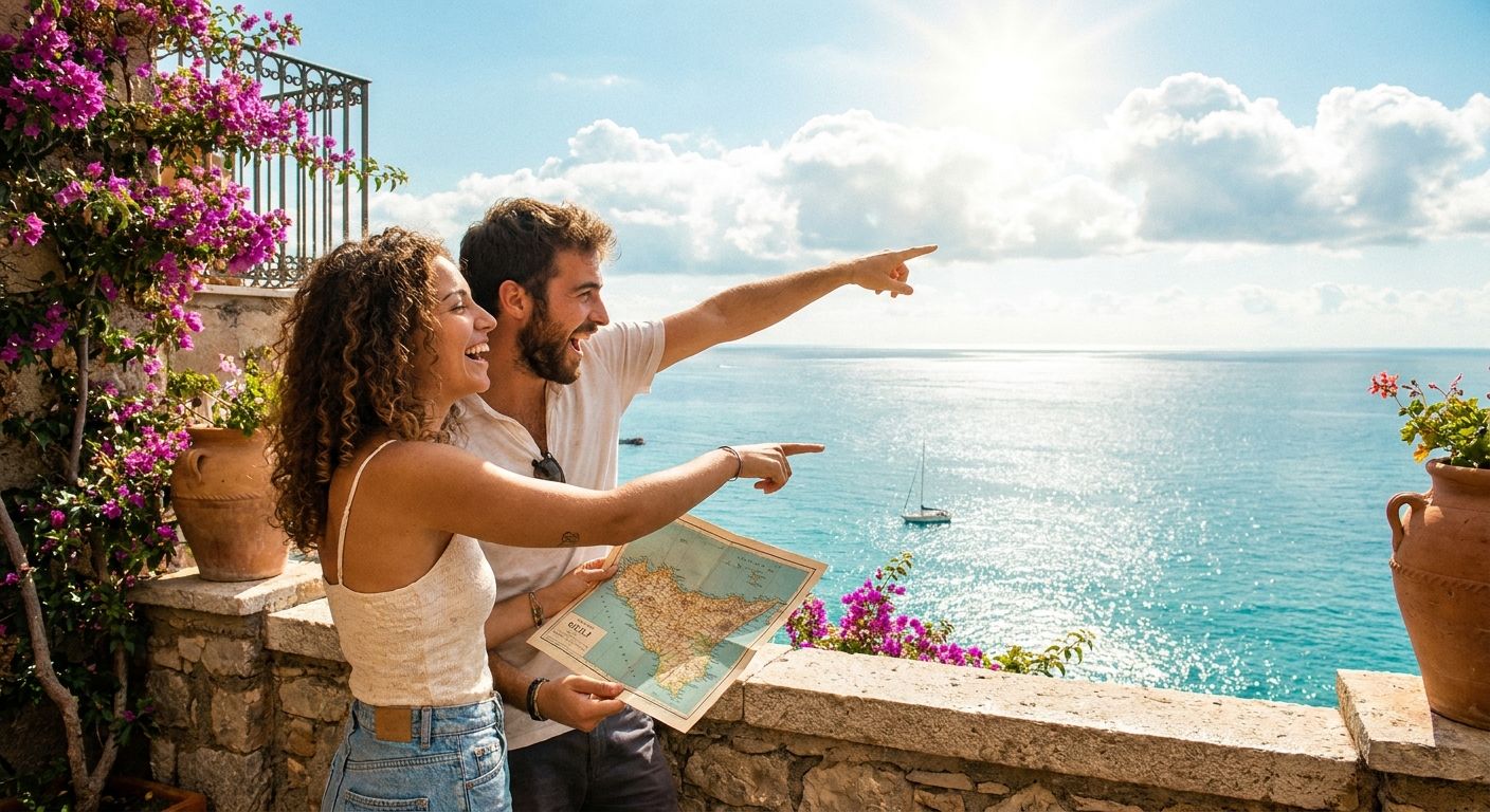 A vibrant, sun-drenched photograph of two young people laughing and pointing towards the sparkling blue Mediterranean Sea from a scenic Italian coastal balcony. One holds a map of Sicily, while the other gestures towards the horizon where a mix of bright sunshine and light clouds hint at the day's forecast, conveying anticipation for their plans.