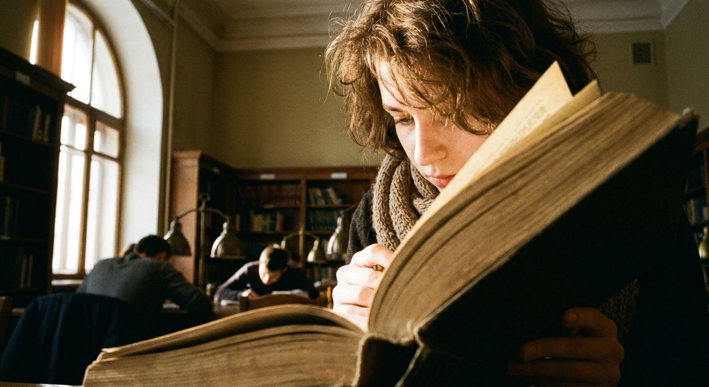 A close-up, low-angle photograph of a young Russian university student engrossed in a textbook, their face partially obscured by the open book, as soft, warm light from a nearby window illuminates the pages. The background is a gently blurred, classic Russian university library interior with other students.