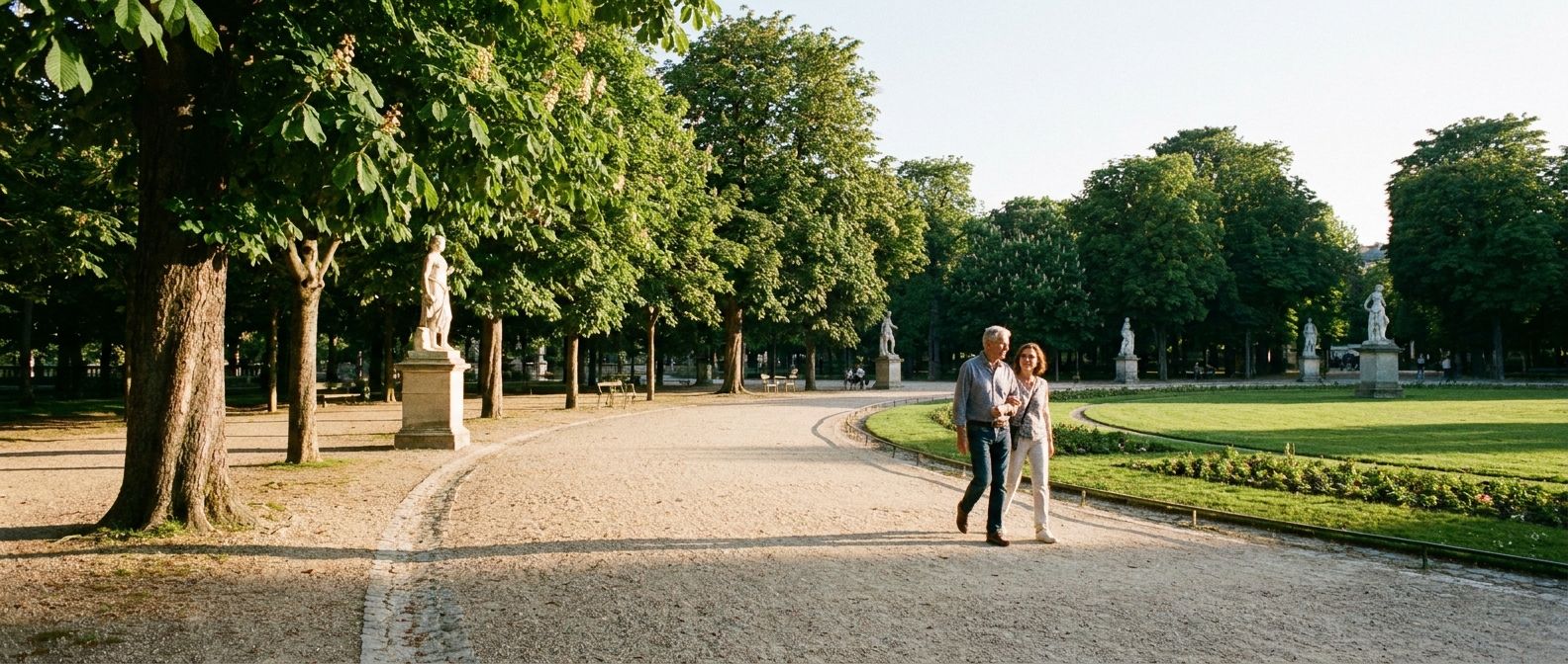 A wide-angle, sun-drenched photograph of a winding path through a beautiful French park, like Jardin du Luxembourg. A couple strolls casually in the mid-ground, their relaxed posture and the gentle curve of the path evoking a pleasant sequence of past events and shared memories, perfect for a short spoken account.