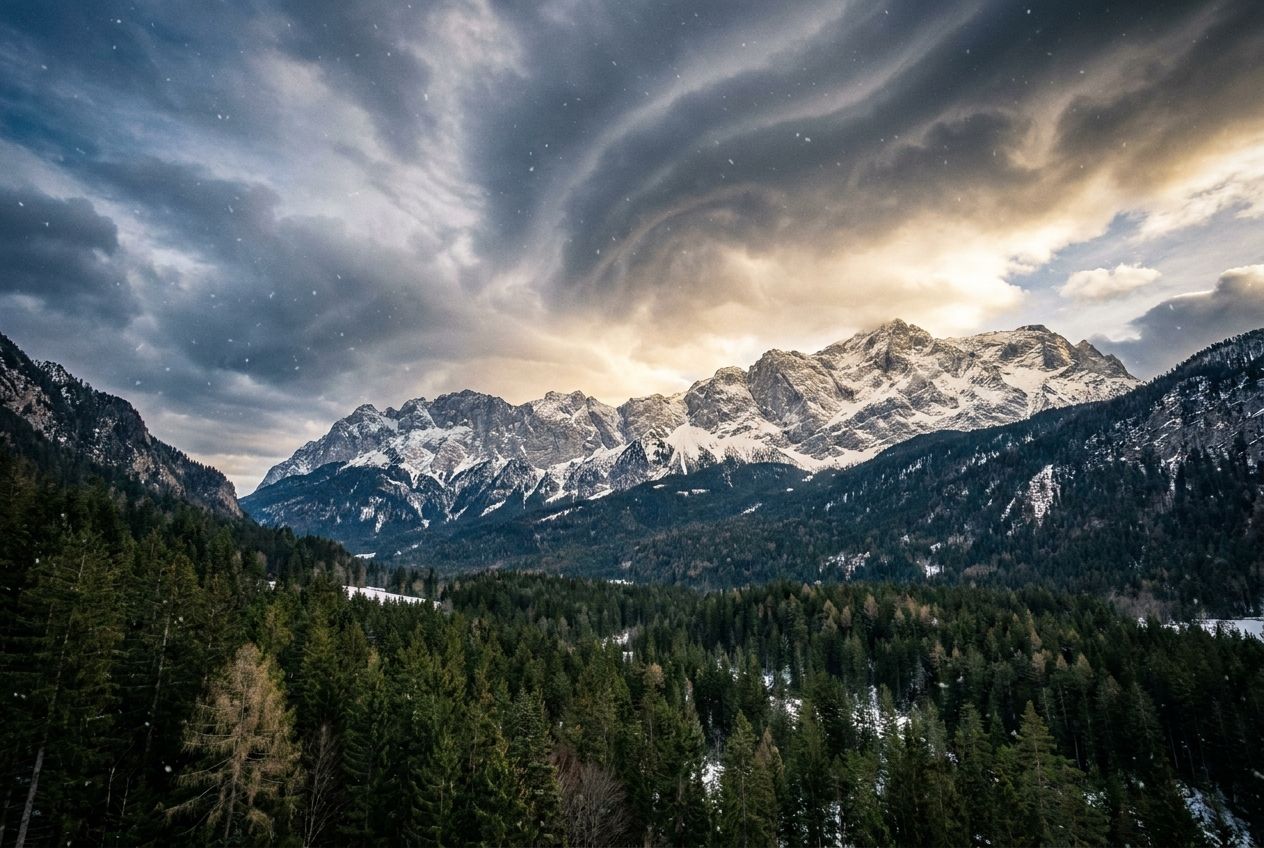 A dramatic wide-angle photograph of a majestic, snow-capped German mountain range under a dynamic, cloudy sky, with visible light snowfall and a vast, wild forest in the foreground, composed for a 3:2 landscape frame.