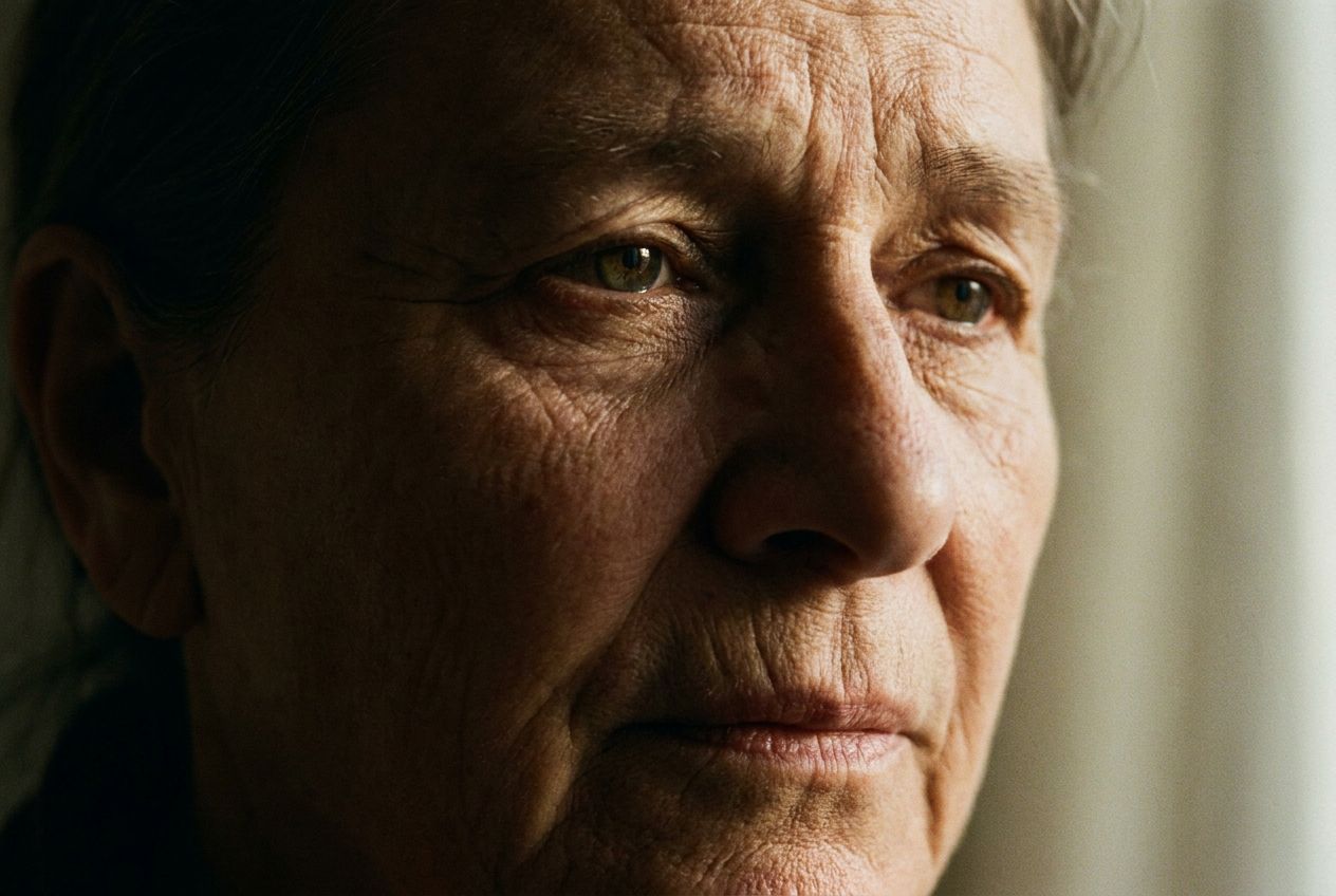 A striking, cinematic close-up portrait of a person's face, their expression a nuanced blend of contemplation and subtle emotion, hinting at the complexities of human character. Dramatic, directional lighting casts intriguing shadows, composed for a 3:2 landscape frame.