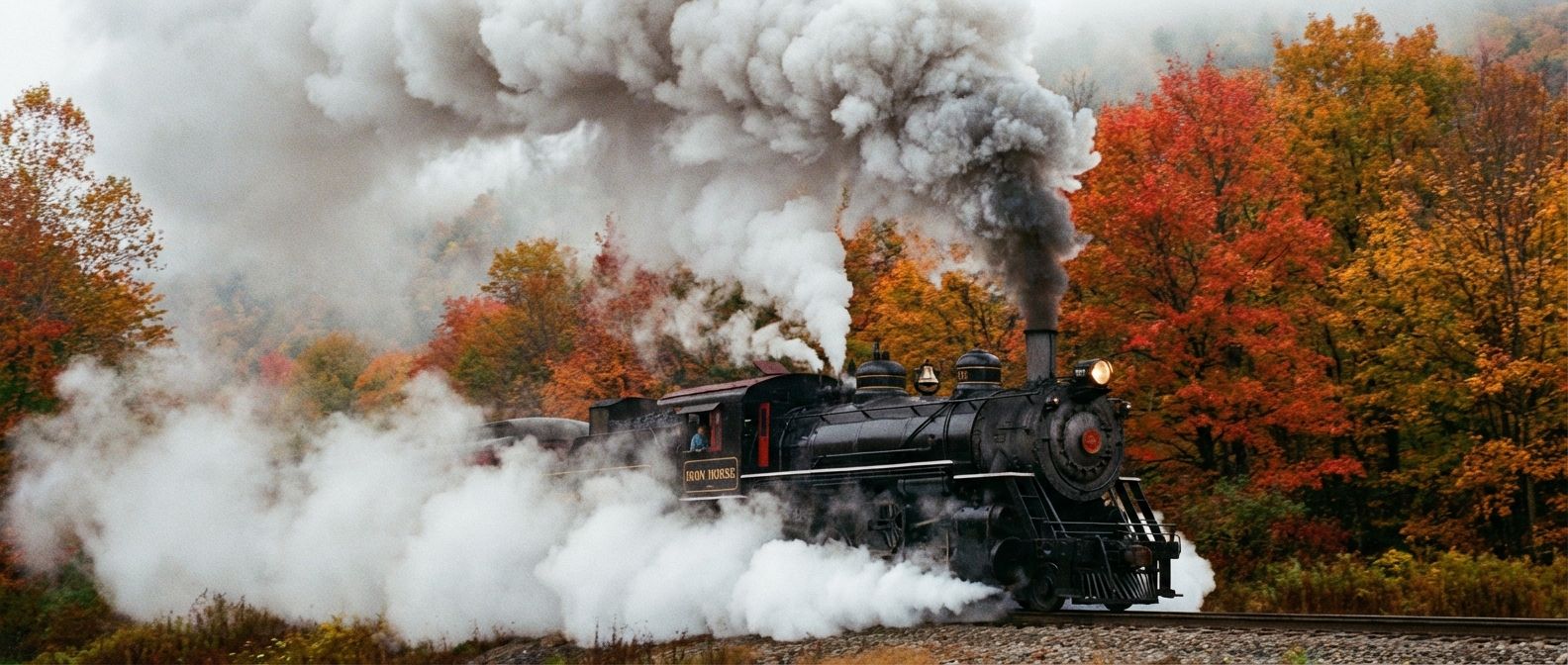 A dramatic, wide-angle photograph of a powerful, vintage steam locomotive thundering through a misty, autumnal landscape. Thick plumes of steam and smoke billow from its chimney and vents, visibly illustrating energy conversion and dissipation against the backdrop of its forward motion.