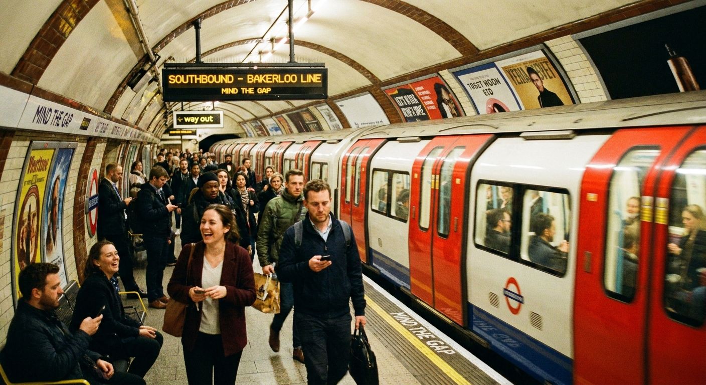 A vibrant photograph capturing the energy of a busy London Underground station platform. A classic red, white, and blue Tube train is pulling into the station, with diverse commuters waiting, some glancing at illuminated signs, all under the iconic, curved tunnel architecture of the Tube.