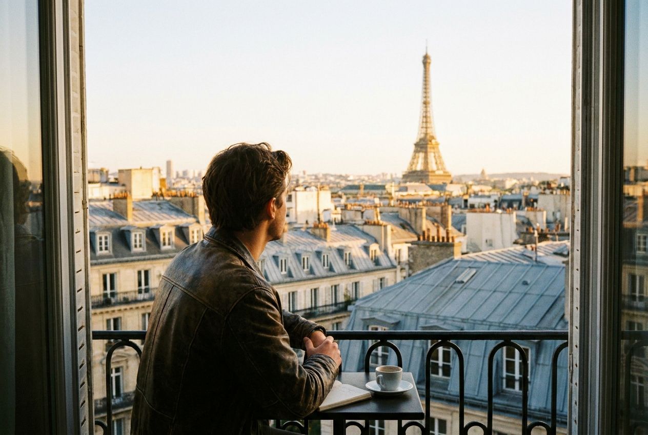A solitary person stands on a balcony overlooking the beautiful Parisian cityscape at golden hour, their back slightly turned as they gaze out at the distant Eiffel Tower. The scene evokes contemplation, future possibilities, and the journey ahead, bathed in warm, optimistic light, composed for a 3:2 landscape frame.