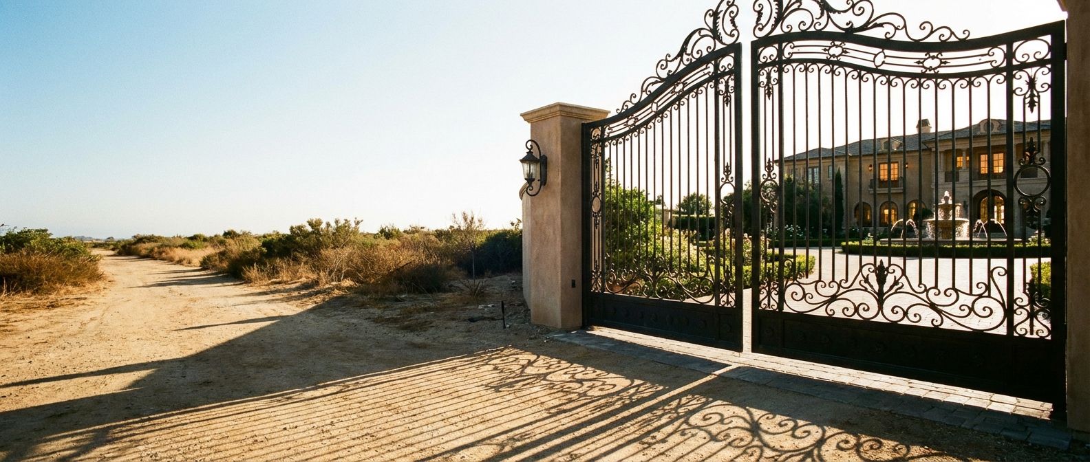 A dramatic wide-angle photograph of an imposing, ornate iron gate, slightly ajar, revealing a glimpse of a lavish, softly lit interior beyond. Outside the gate, the foreground is a dusty, sun-baked path, stark and empty, with long, harsh shadows.