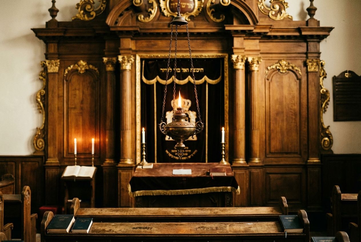 A dramatic, intimate photograph inside a synagogue, capturing the warm glow of the Ner Tamid (eternal light) hanging reverently in front of the ornate wooden Aron Hakodesh (holy ark). The scene is bathed in soft, evocative light, composed for a 3:2 landscape frame.