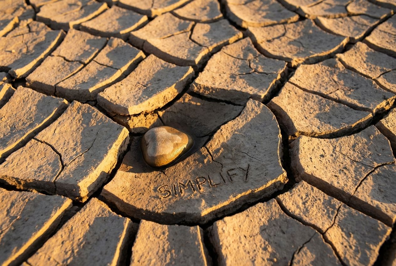A close-up shot of a cracked, dry riverbed during a drought, symbolizing the need to "simplify" and find the hidden, essential water source (the simplified surd). The image is shot at golden hour, with warm light illuminating the cracked earth and creating long shadows.