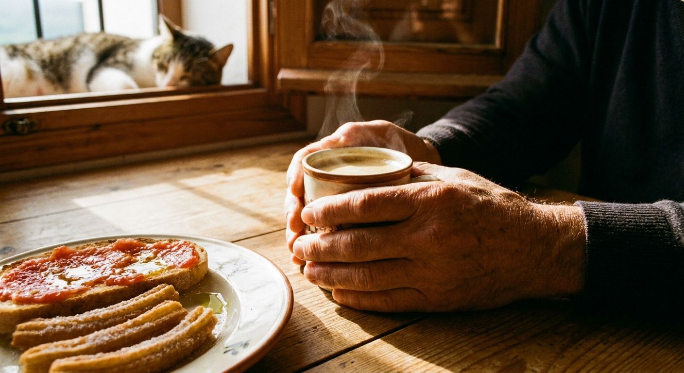 A warm, close-up photograph of a person's hands gently holding a steaming cup of coffee on a rustic wooden table. A plate of *tostada con tomate* or *churros* is visible nearby, bathed in the soft, golden light of early morning streaming through a window, conveying the quiet start of a daily routine in a Spanish home.