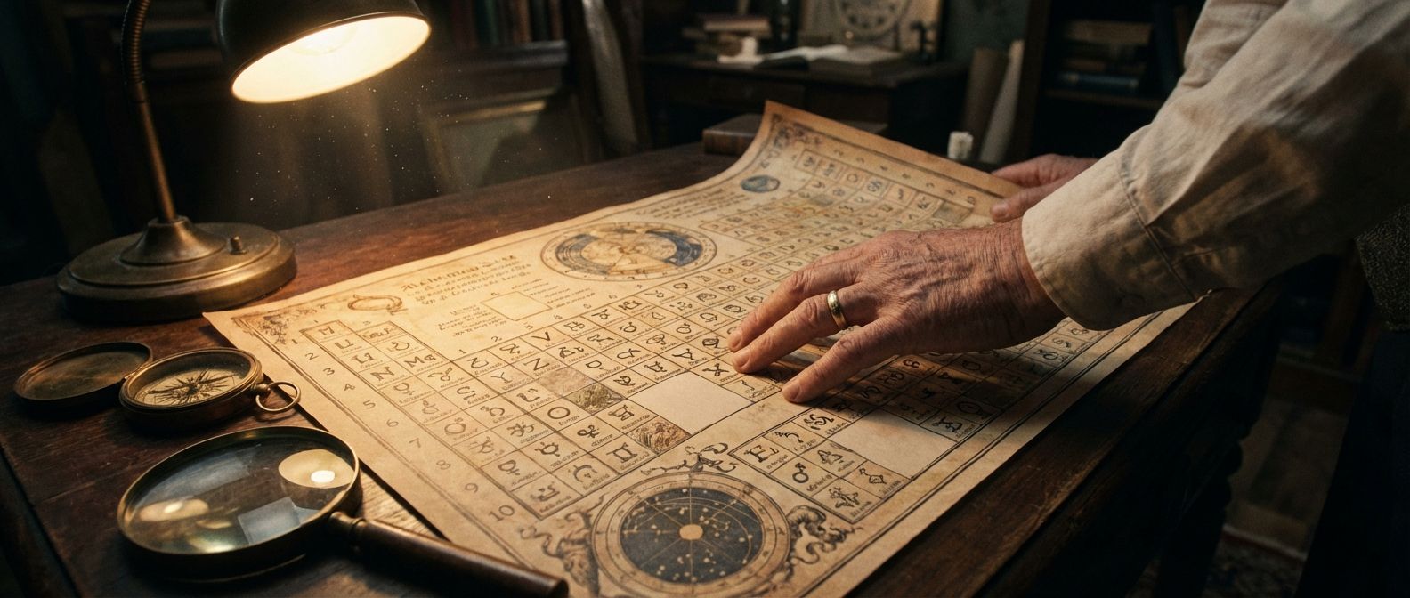 A dramatic, wide-angle photograph of an antique, beautifully illustrated chart unfurled on a dark wooden table. The chart, resembling a complex grid or map with intricate symbols and some deliberately blank areas, is being gently traced by an older hand. An antique brass compass and a magnifying glass rest nearby, all bathed in the focused, warm light of a desk lamp, evoking a sense of scientific discovery and hidden order.