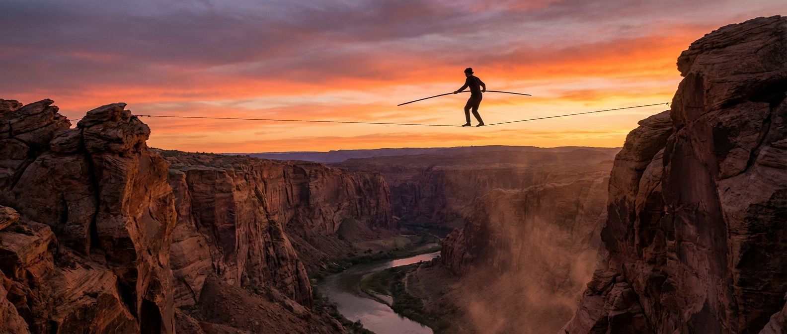 A dramatic wide shot of a lone tightrope walker gracefully balancing across a vast canyon at sunset, illustrating the intricate control and precision required to maintain stability and react to the environment.