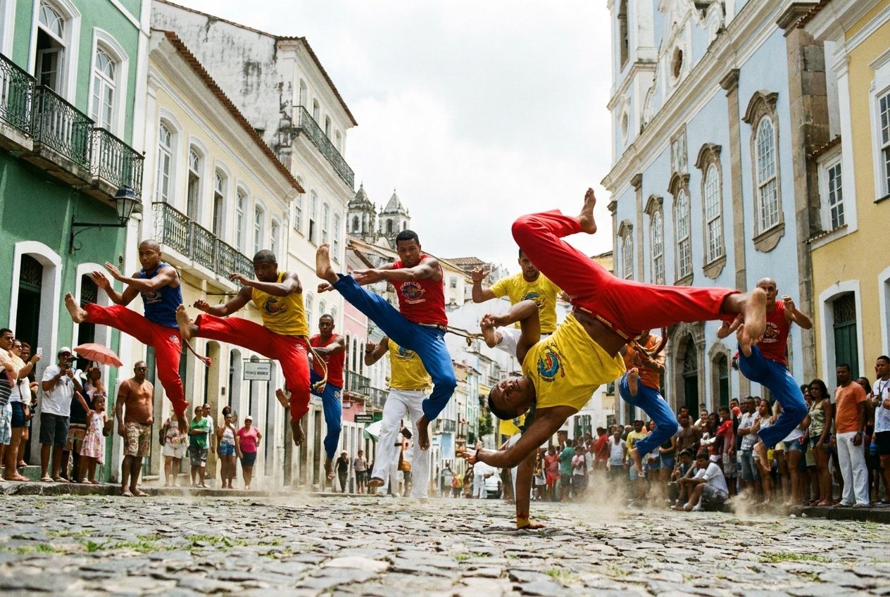 A dynamic, low-angle photograph captures a group of Capoeira dancers in Salvador, Brazil, frozen mid-motion. While most dancers are in a synchronized pose, one dancer is captured in a slightly different, unexpected variation of the movement, highlighting individuality within a routine. The vibrant colors of their clothing and the energetic atmosphere are emphasized, composed for a 3:2 landscape.