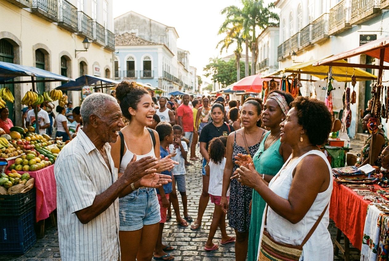 A vibrant, sun-drenched photograph of a bustling Brazilian street market, with diverse people of all ages engaged in lively conversations. Individuals are seen interacting, gesturing, and listening intently, their expressive faces reflecting everyday communication and social connection in a warm, inviting atmosphere, composed for a 3:2 landscape frame.