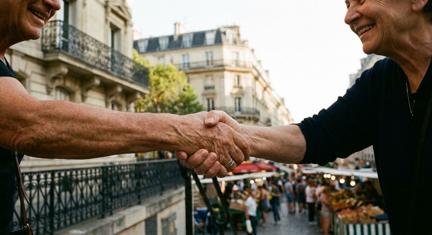 A candid, shallow depth-of-field photograph capturing a warm, genuine handshake between two people. The hands are in sharp focus in the foreground, conveying a sense of connection and welcome. In the softly blurred background, hints of a charming Parisian setting are visible, such as a wrought-iron balcony, a classic Haussmannian building facade, or a bustling street market, bathed in natural light.