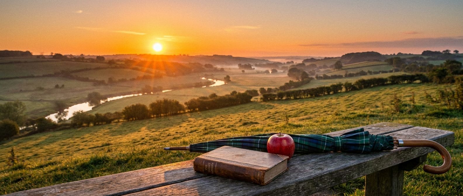 A wide, dramatic photograph of a beautiful British countryside at sunrise or sunset. In the foreground, on a rustic wooden bench, sits a neatly arranged still life: a worn leather-bound book, a vibrant red apple, and a classic plaid umbrella. The sun is a prominent feature in the background, casting long, golden shadows across the landscape, while the foreground objects are bathed in a soft, warm glow.