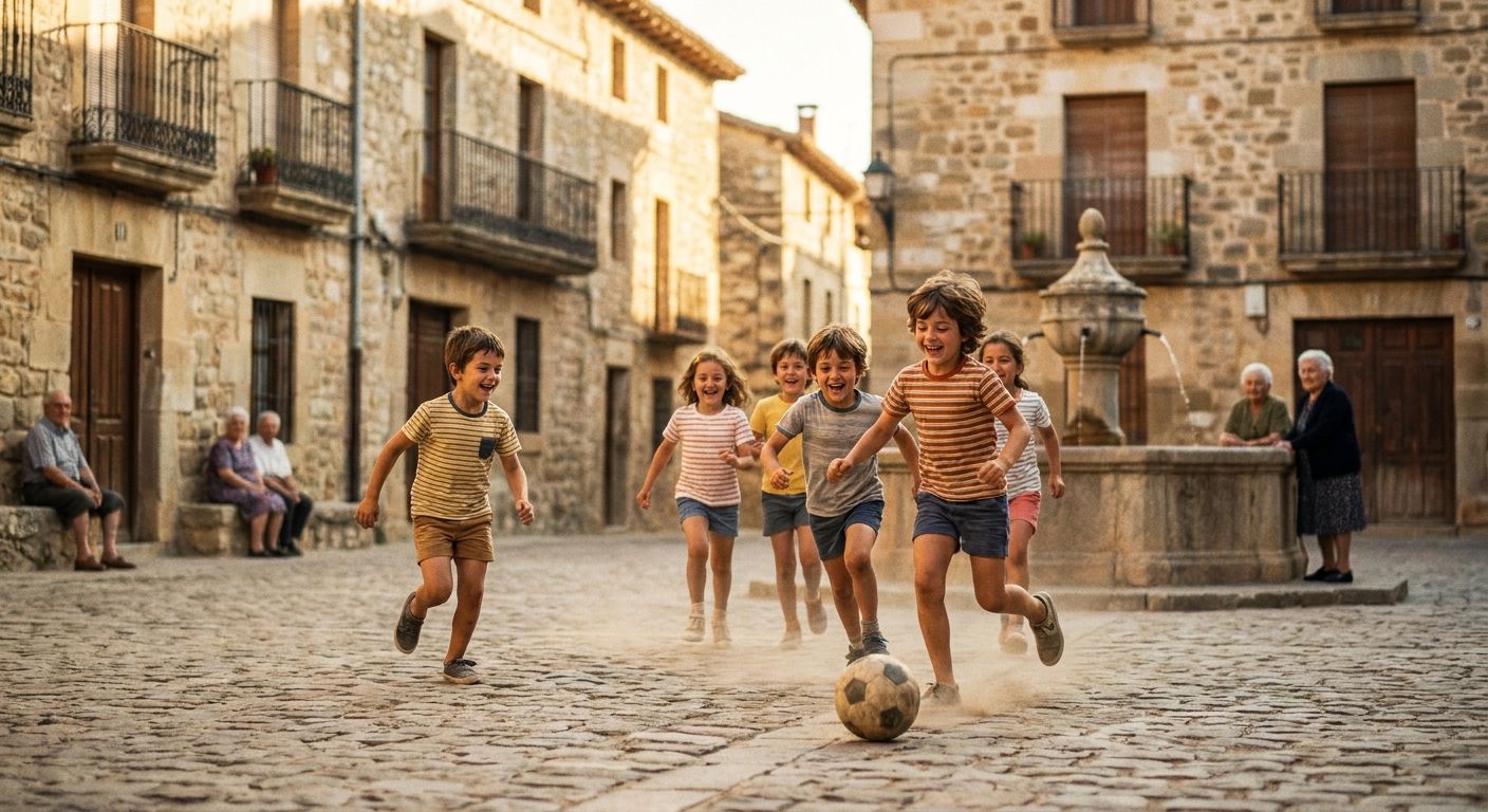 A group of Spanish children, full of joy and energy, are playing soccer in a sun-drenched, cobblestone village plaza. The vivid photograph captures a nostalgic feeling of childhood memories and past routines, with a shallow depth of field.