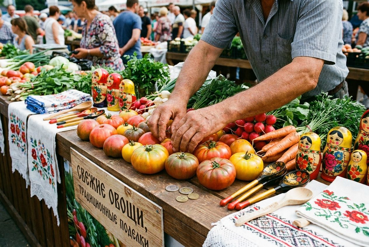 A vibrant close-up photograph of a vendor's hands at a bustling Russian outdoor market, meticulously arranging a colourful assortment of fresh vegetables and traditional crafts on a wooden stall. Bright natural light illuminates the scene, highlighting rich textures and a few visible coins, all composed for a 3:2 landscape frame.