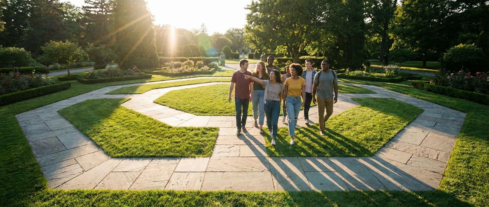 A wide-angle, low-shot photograph of a group of friends walking along a clearly defined, geometrically shaped path, possibly a large pentagon or hexagon, through a beautifully maintained park. The path's sharp corners and straight segments are highlighted by the soft, directional light of a late afternoon sun, casting long shadows that emphasize the angles and turns. The scene evokes a sense of journey and discovery through geometric space.
