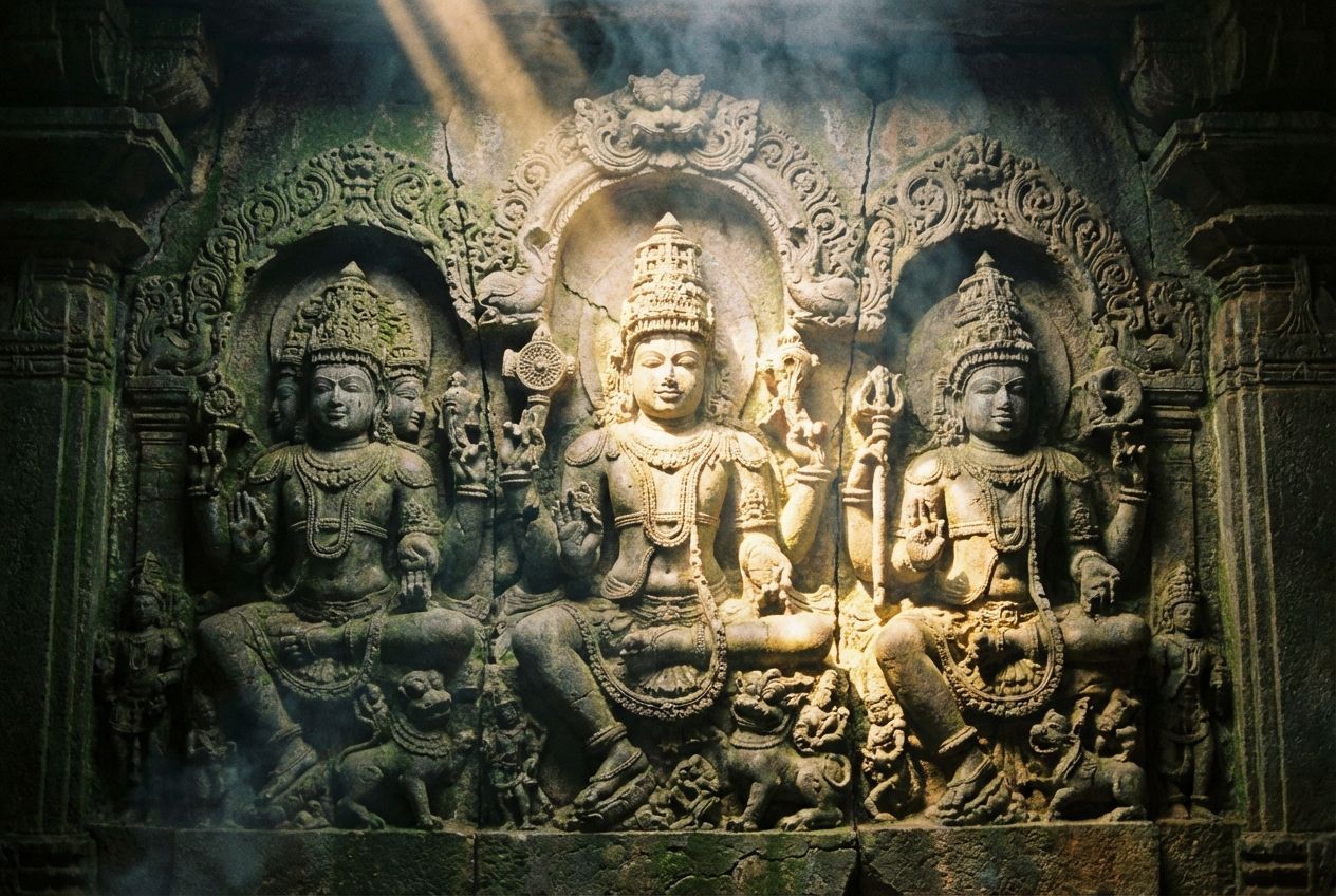 A dramatic photograph of an ancient, intricately carved stone relief depicting the Hindu Tri-murti (Brahma, Vishnu, and Shiva) within a dimly lit, atmospheric temple interior. Shafts of golden sunlight pierce through the darkness, dramatically illuminating the divine figures and highlighting the intricate details of the carving, composed for a 3:2 landscape frame.