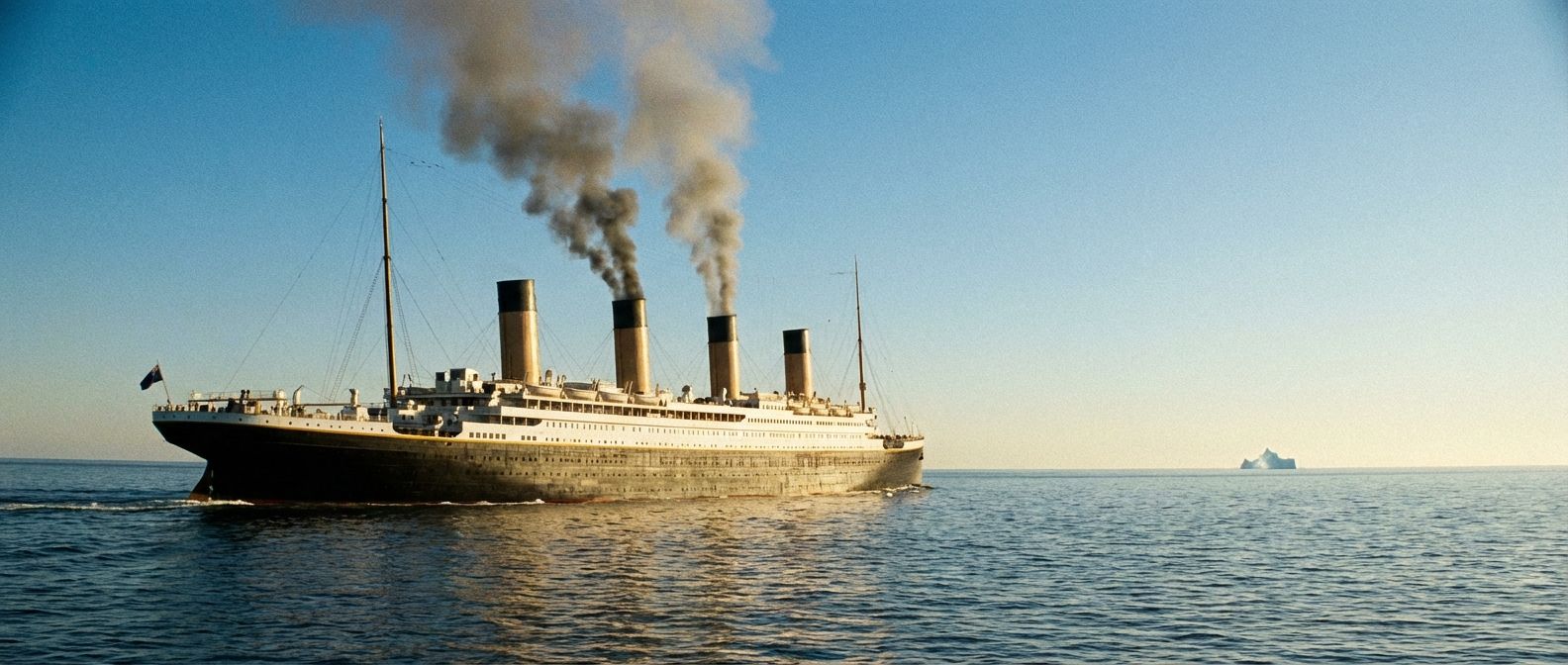 A grand Edwardian-era ocean liner, resplendent in white and black, glides with unwavering confidence across a calm, sunlit sea, its powerful smoke plumes billowing against a clear sky. In the far distance, a barely perceptible, sharp silhouette of an iceberg subtly hints at the hubris and impending doom, composed for a wide, dramatic photograph.