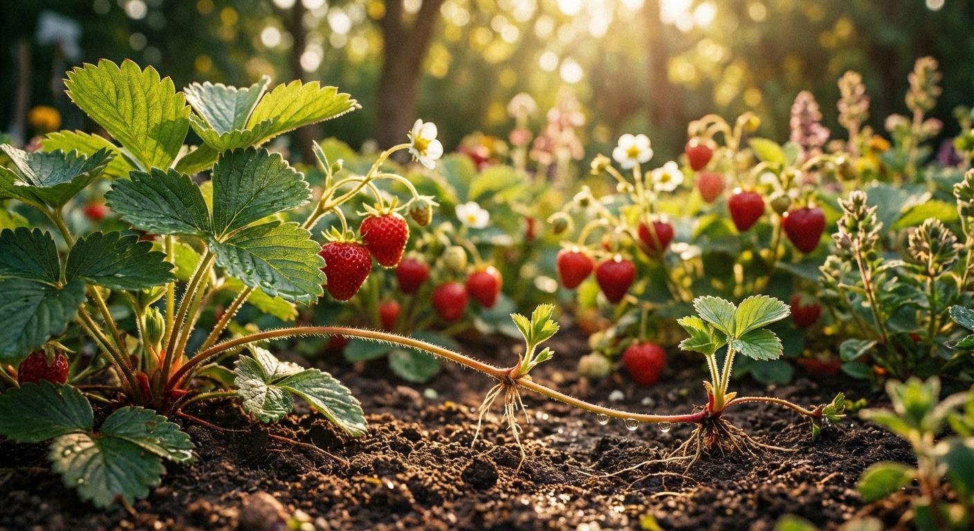 A dramatic, close-up photograph of a vibrant strawberry plant in a garden bed, with a long, delicate runner stretching out to form a small, genetically identical new plantlet, symbolizing asexual reproduction. In the soft-focus background, a lush array of various ripe, red strawberries and delicate white flowers suggests the genetic diversity and potential of sexual reproduction, all bathed in warm, dappled sunlight.