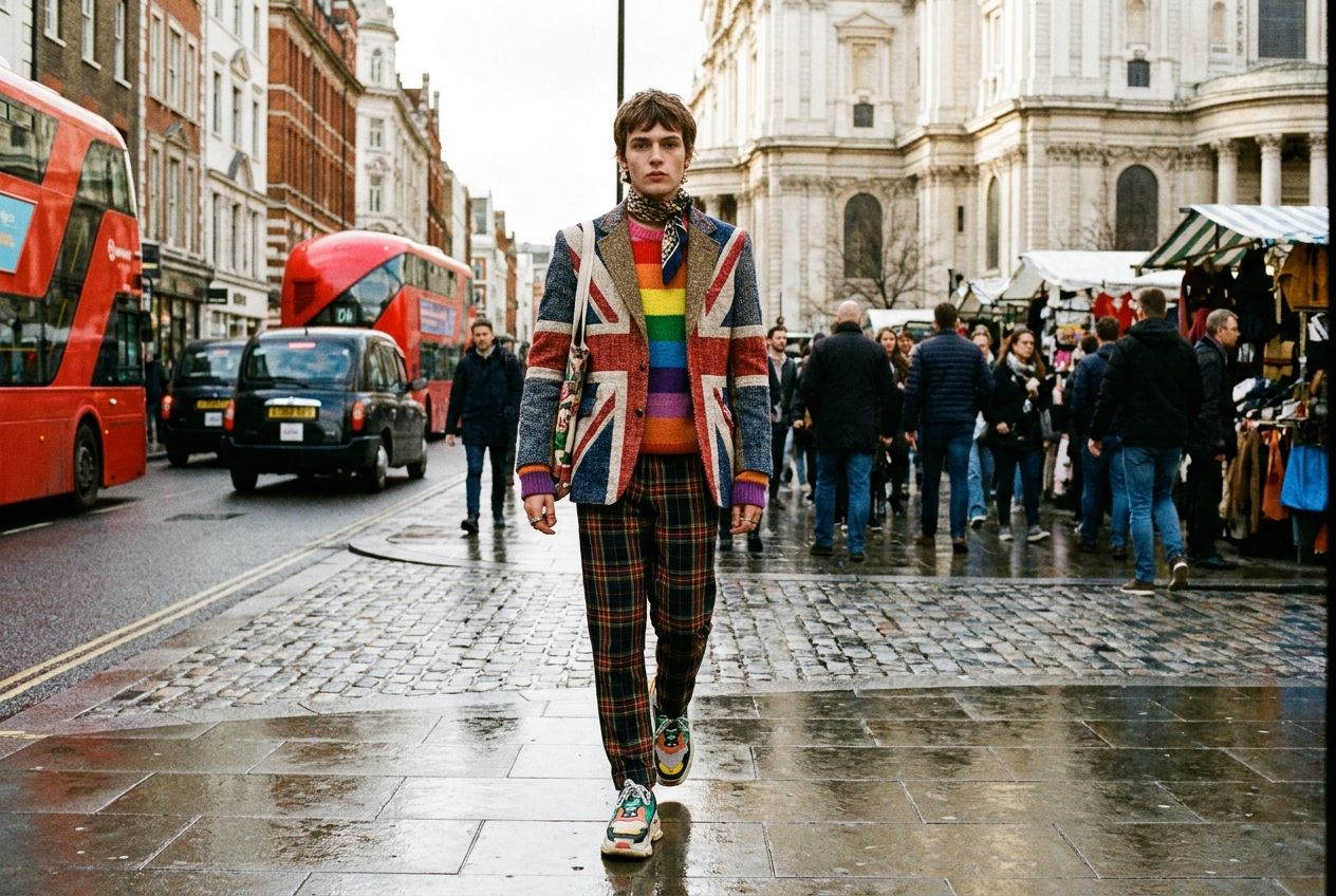 A stylish young person, dressed in a vibrant, colorful British-inspired outfit featuring a trendy jacket, a colorful jumper, and modern trainers, walks confidently down a bustling, classic London street. The scene is captured with a dynamic, high-fashion photographic style, highlighting the textures and variety of clothing and accessories in a 3:2 landscape frame.