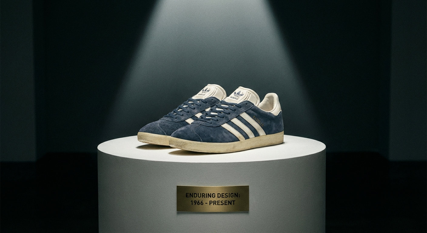 A dramatic, close-up photograph of a classic, iconic pair of trainers, like vintage Chuck Taylors or Adidas Gazelles, meticulously displayed on a clean, minimalist pedestal under a focused spotlight. The trainers, while showing subtle, authentic signs of a long life, appear impeccably clean and presented, symbolizing enduring design, a successful product life cycle, and effective extension strategies.