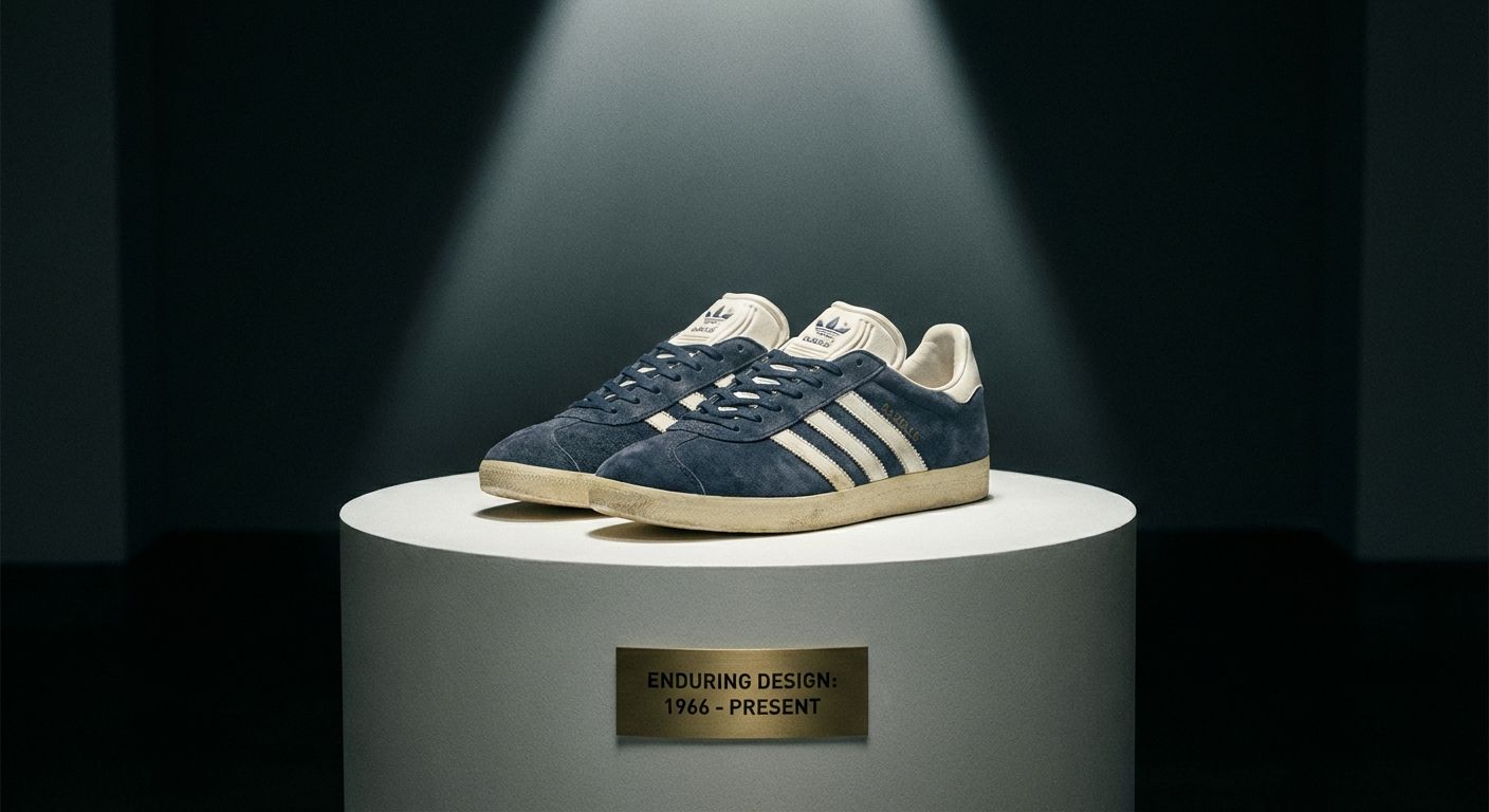 A dramatic, close-up photograph of a classic, iconic pair of trainers, like vintage Chuck Taylors or Adidas Gazelles, meticulously displayed on a clean, minimalist pedestal under a focused spotlight. The trainers, while showing subtle, authentic signs of a long life, appear impeccably clean and presented, symbolizing enduring design, a successful product life cycle, and effective extension strategies.