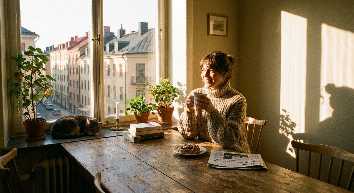 A serene, warm photograph of a person enjoying a morning 'fika' (coffee and pastry) by a large window in a light-filled Swedish apartment, with soft, early morning sunlight streaming in and casting long shadows, emphasizing the beginning of a day and daily routines.