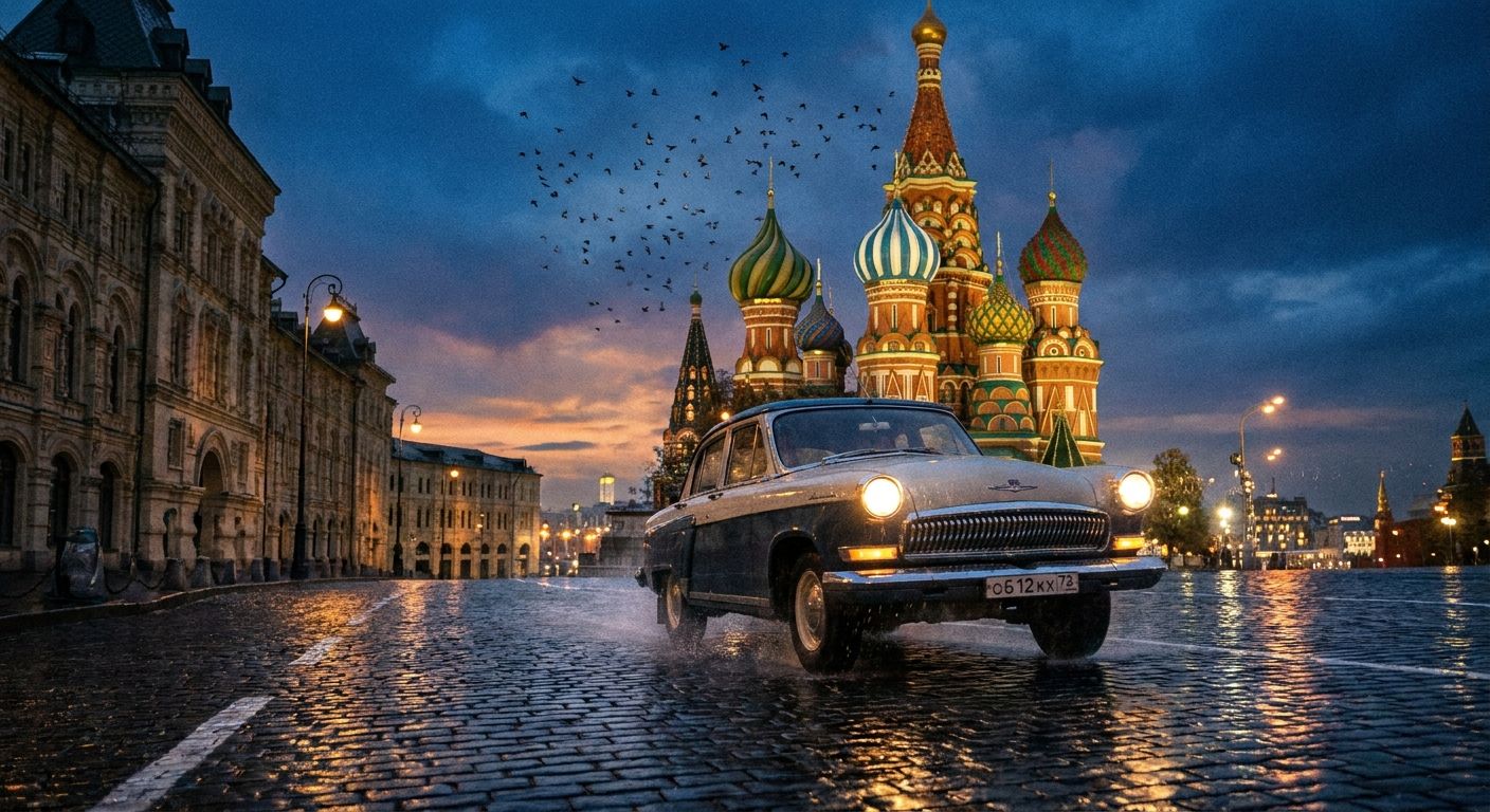 A dramatic low-angle shot captures a vintage car speeding down a wet, cobblestone street in a historic Russian city at dusk, its headlights reflecting on the pavement. In the background, an ornate, brightly lit church dome towers, with a flock of birds flying across the deep blue sky.