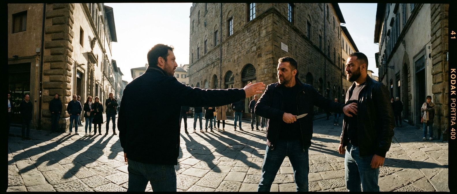 A dramatic wide-angle photograph of a tense confrontation on a sun-drenched cobblestone street in an old Italian city. In the foreground, a lone figure with an outstretched hand attempts to separate two fiercely glaring individuals, one subtly reaching for a weapon. Harsh light casts long, dramatic shadows, emphasizing the overwhelming tension and the futility of the peacemaker's efforts.