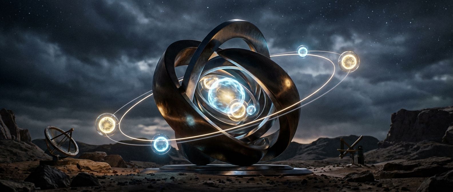 A dramatic, wide-angle photograph of an abstract sculpture, crafted from dark, polished metal, featuring luminous, ethereal spheres embedded within its core and a few orbiting in precise, glowing paths around a central mass. The composition emphasizes deep shadows and highlights, creating a sense of scientific discovery and fundamental structure.