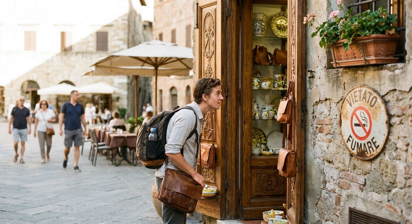A candid, sun-drenched photograph of a person standing at the ornate wooden doorway of a charming Italian artisan shop in a bustling piazza, looking inside with an inquisitive expression, as if about to ask permission. In the soft-focus background, a classic Italian prohibition sign like 'Non fumare' is subtly visible on an old stone wall, capturing the essence of rules and requests in an authentic Italian setting.