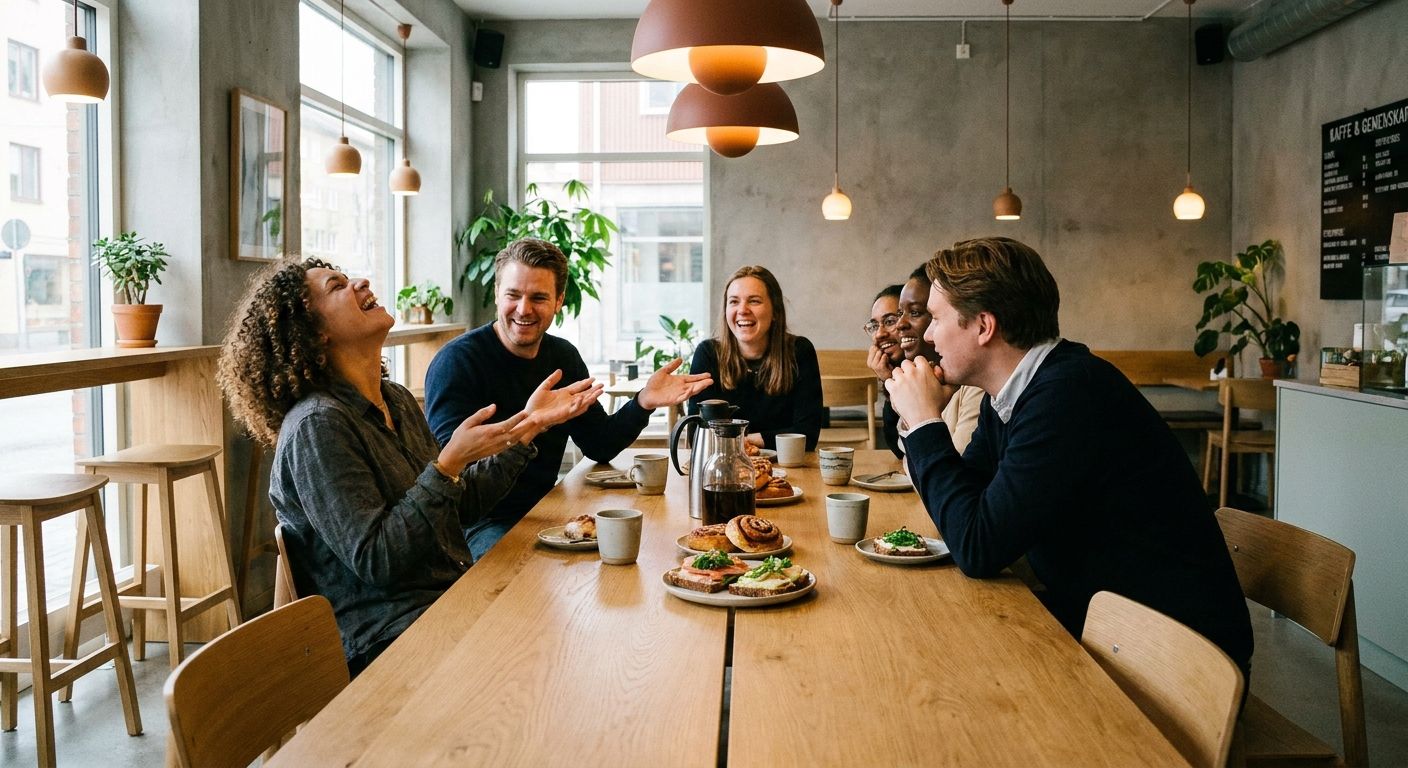 A vibrant, candid photograph of a diverse group of friends enjoying a traditional Swedish fika in a beautifully designed, modern cafe with clean lines and warm lighting. They are engaged in animated conversation, with gestures and expressions that convey a natural, flowing rhythm of speech, and coffee cups and pastries arranged neatly on the table.