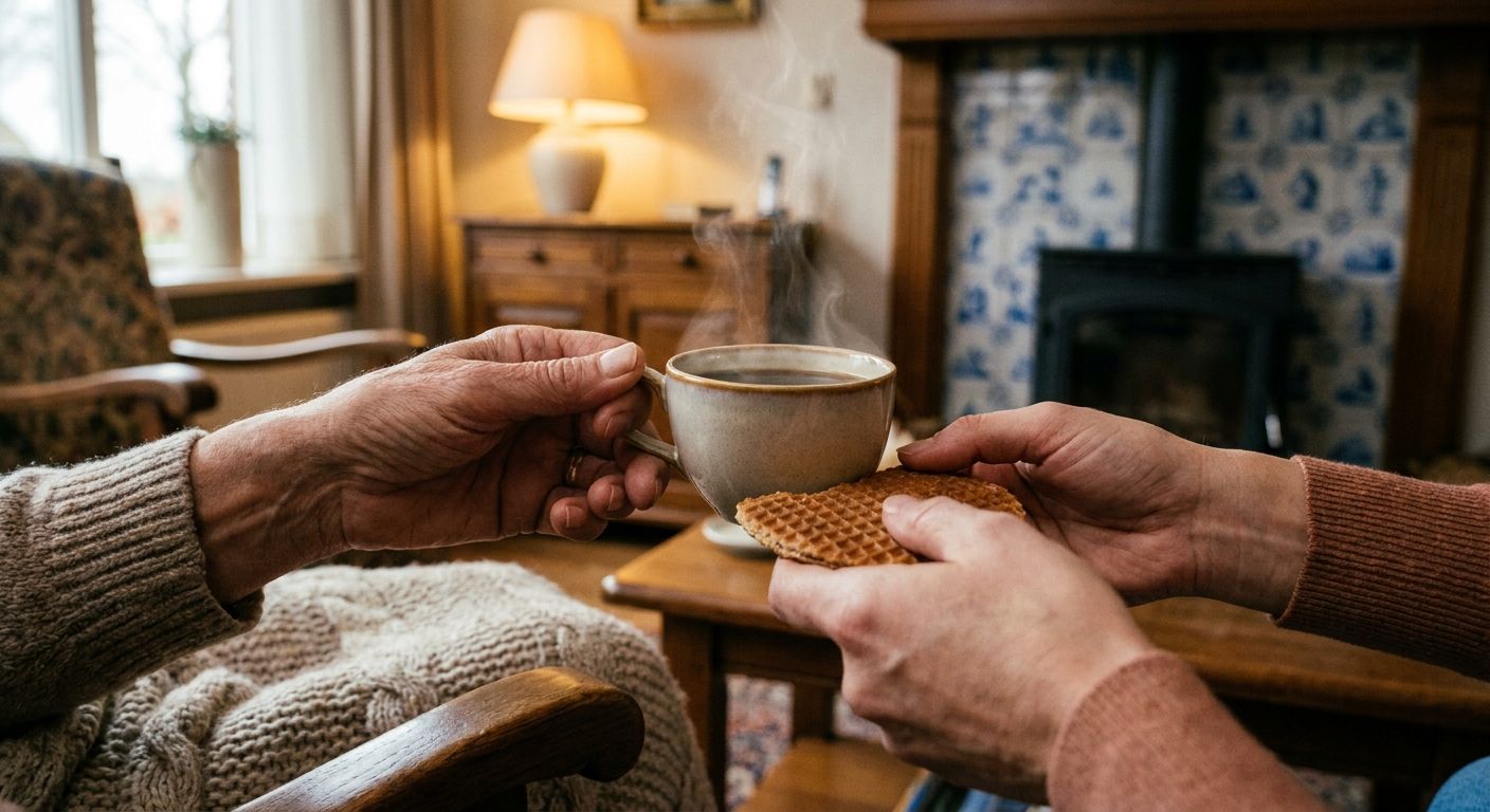 A warm, inviting close-up photograph of hands, one gently offering a steaming cup of coffee and a traditional Dutch stroopwafel to another, in a cozy, softly lit Dutch living room, emphasizing a gesture of welcome and hospitality.