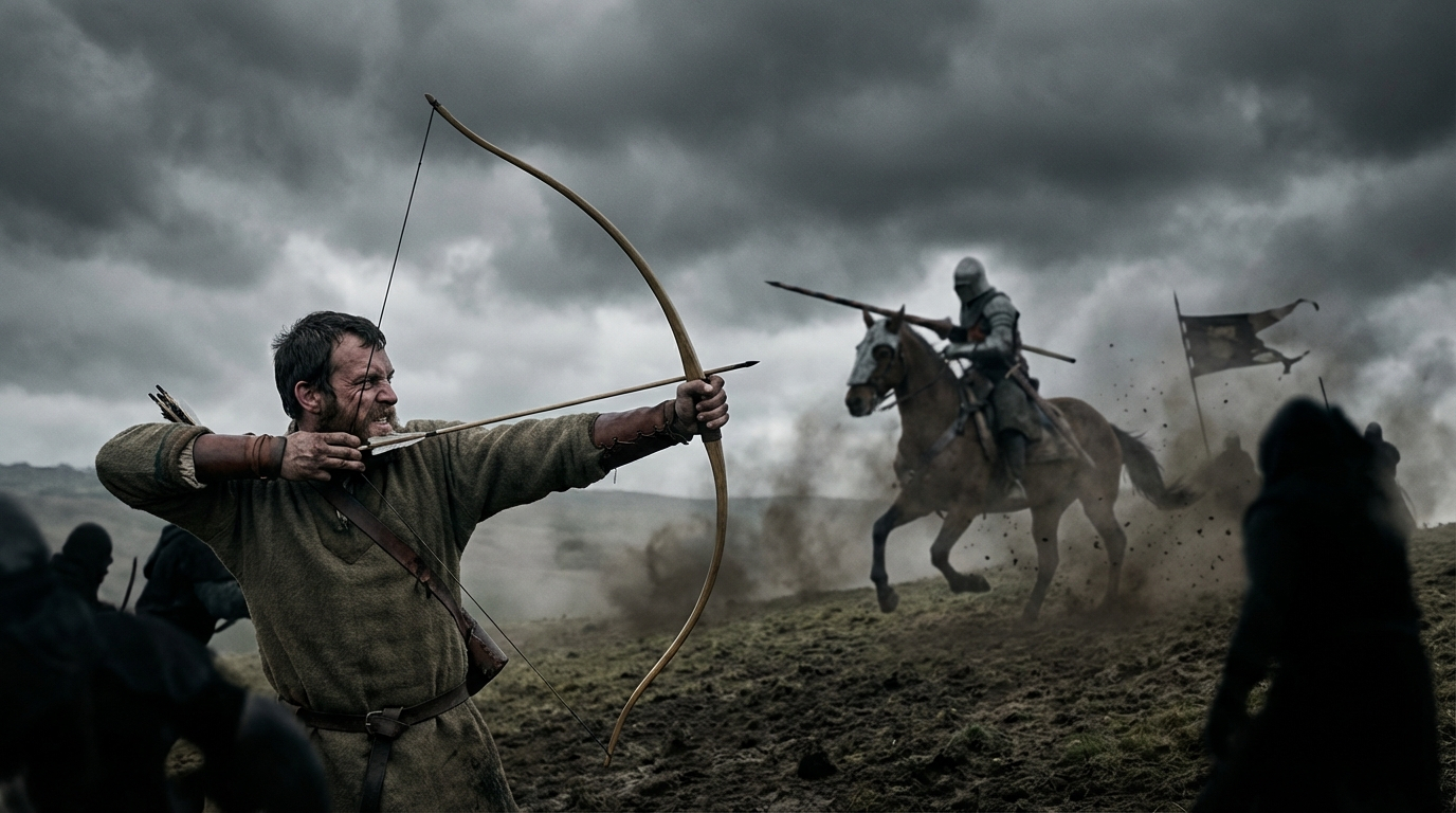 A dramatic, wide-angle photograph capturing a medieval English longbowman, focused and mid-action, drawing his six-foot longbow with intense concentration on a windswept battlefield. In the dynamic background, a heavily armored mounted knight is visible, perhaps on a rearing horse, in a moment of peril or impact, symbolizing the shift in battlefield dominance under a dramatic, overcast sky.