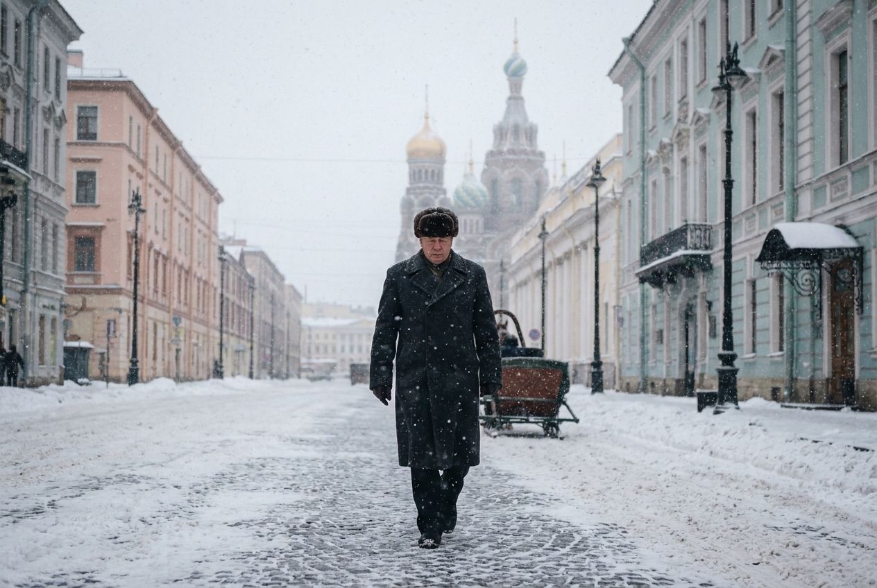 A solitary figure bundled in winter clothes walks along a snow-covered street in a classic Russian city, like St. Petersburg, under a soft, diffused light. Heavy, wet snow is visibly falling, creating a blurred, atmospheric background, composed for a 3:2 landscape.