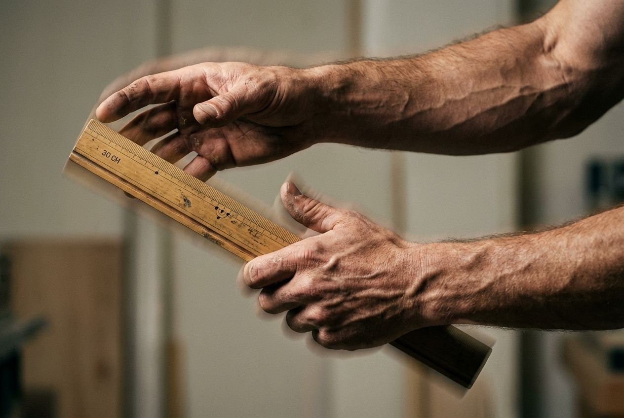 A dramatic, extreme close-up photograph of two hands, one releasing a 30-centimeter ruler and the other making a split-second catch. The ruler is captured mid-fall, with a sense of intense focus and rapid motion, set against a softly blurred, neutral background in a 3:2 landscape frame.