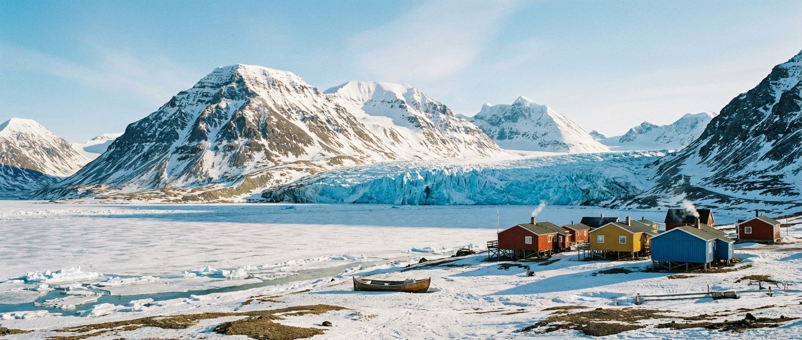 A dramatic, wide-angle photograph of a remote Arctic fjord in Svalbard, featuring towering, snow-capped mountains and a vibrant blue glacier. Along the icy shore, a small cluster of colorful wooden buildings stands prominently on stilts, reflecting human settlement and ingenuity in this harsh environment. The scene is bathed in clear, crisp, cold light, emphasizing the vastness and fragility of the landscape.