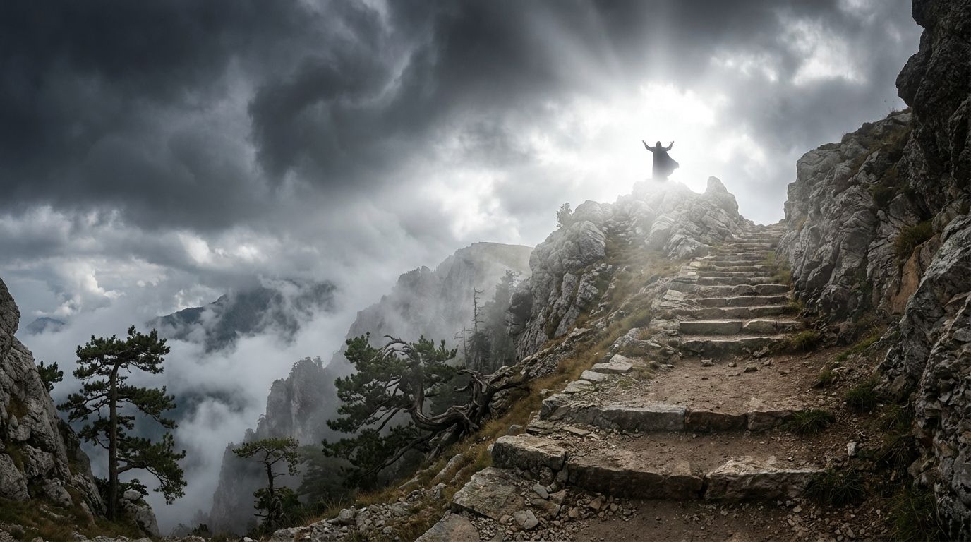 A dramatic wide-angle shot of a rugged, ancient mountain path winding upwards towards a summit, where a lone figure is enveloped in a brilliant, dazzling white light against a stormy, ethereal sky. The scene captures a profound moment of divine revelation and a challenging journey, in a photorealistic landscape.