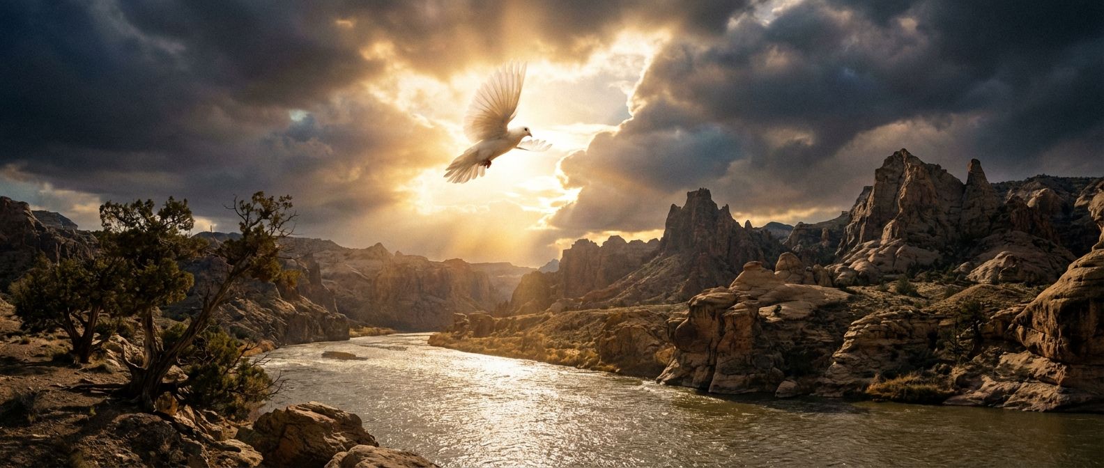 A dramatic, wide-angle photograph capturing a single white dove descending from a radiant, torn-open sky, its wings spread, over the glistening surface of a wide, ancient river. Golden light streams through dramatic clouds, illuminating the water and the sparse, rocky landscape, conveying a sense of divine presence at dawn.