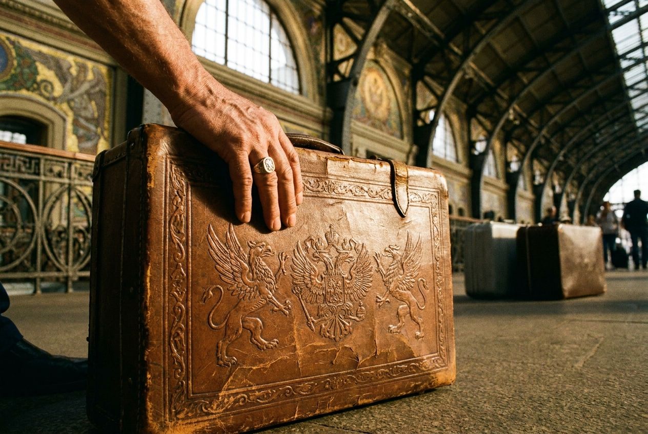A close-up, low-angle shot of a person's hand resting possessively on a distinctly patterned, vintage leather suitcase on a grand, ornate train station platform in Russia. The suitcase stands out amongst a few blurred, generic suitcases in the background. Warm, directional light from an unseen window catches the texture of the leather, creating deep shadows, in a 3:2 landscape aspect ratio.